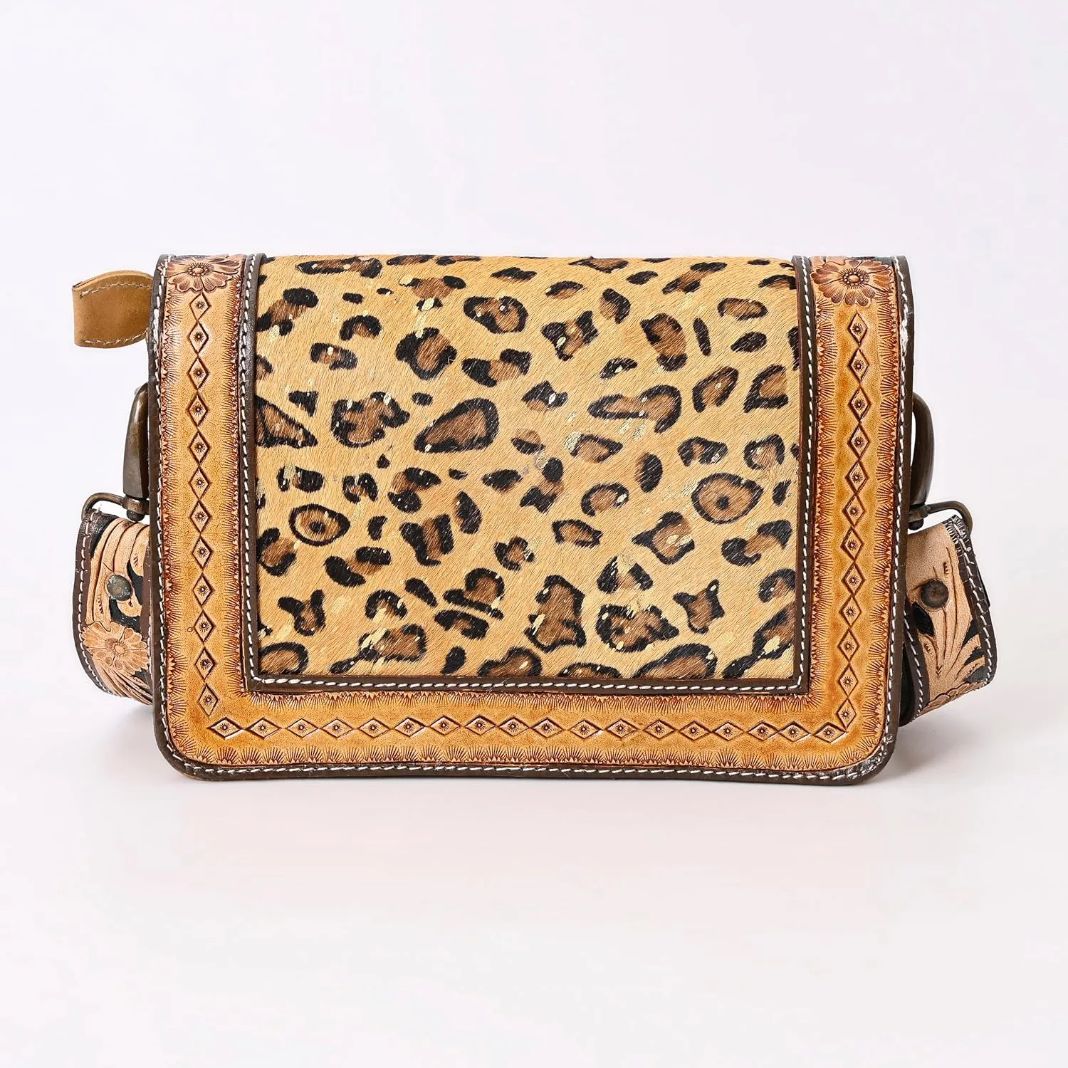 Hantooled Womens Leather Leopard Clutch Shoulder Cross body Fur HandBags Ethnic Customs Leather Purse Classic Bag