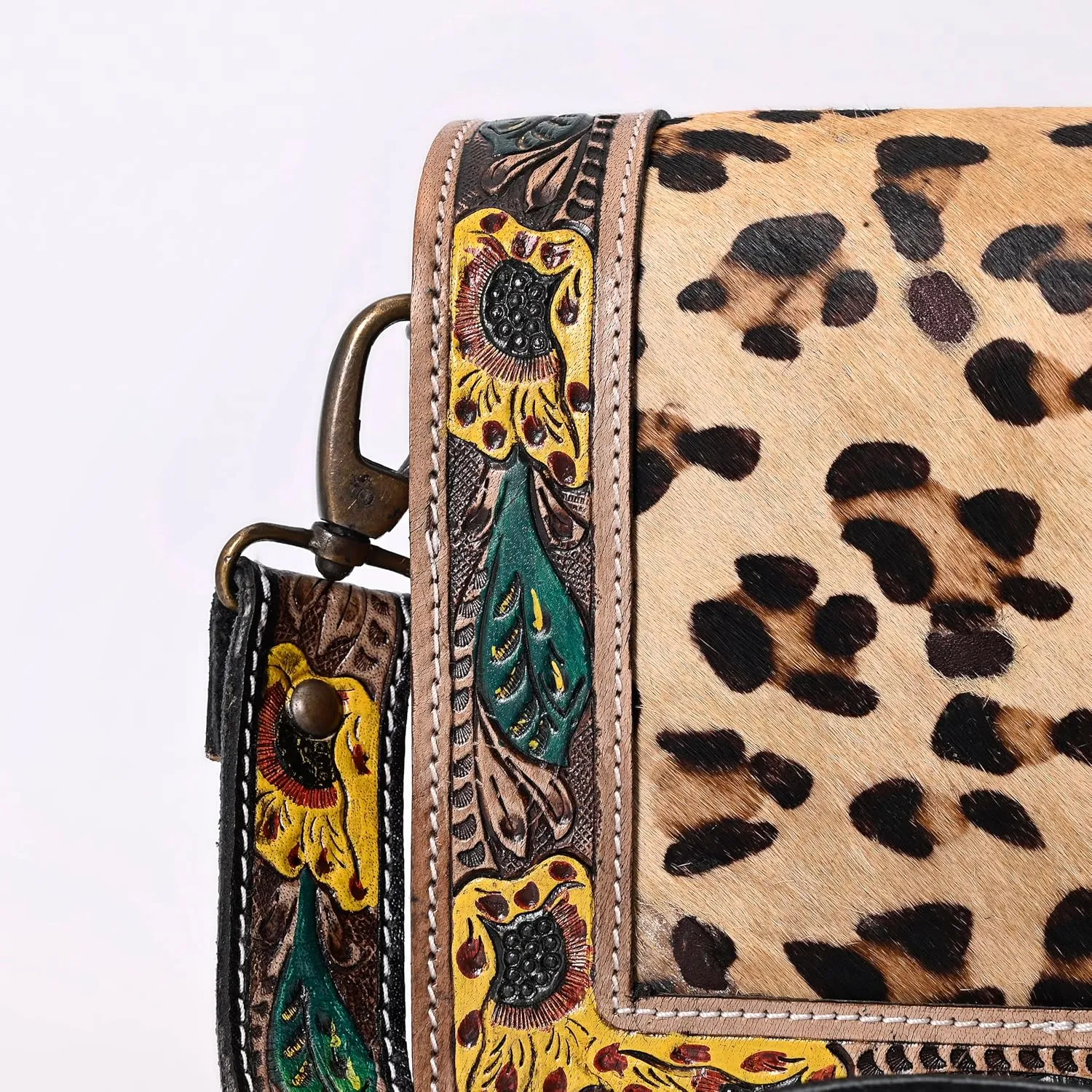 Hantooled Womens Leather Leopard Clutch Shoulder Cross body Fur HandBags Ethnic Customs Leather Purse Classic Bag