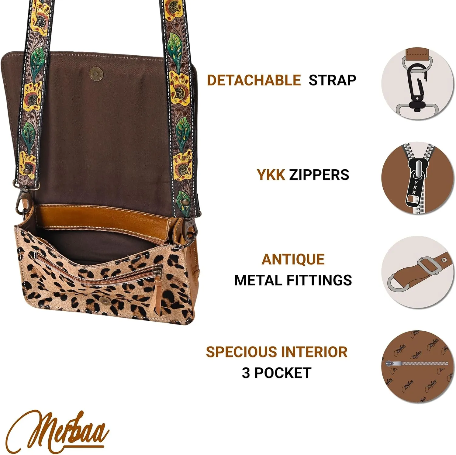 Hantooled Womens Leather Leopard Clutch Shoulder Cross body Fur HandBags Ethnic Customs Leather Purse Classic Bag