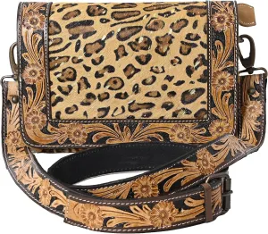 Hantooled Womens Leather Leopard Clutch Shoulder Cross body Fur HandBags Ethnic Customs Leather Purse Classic Bag