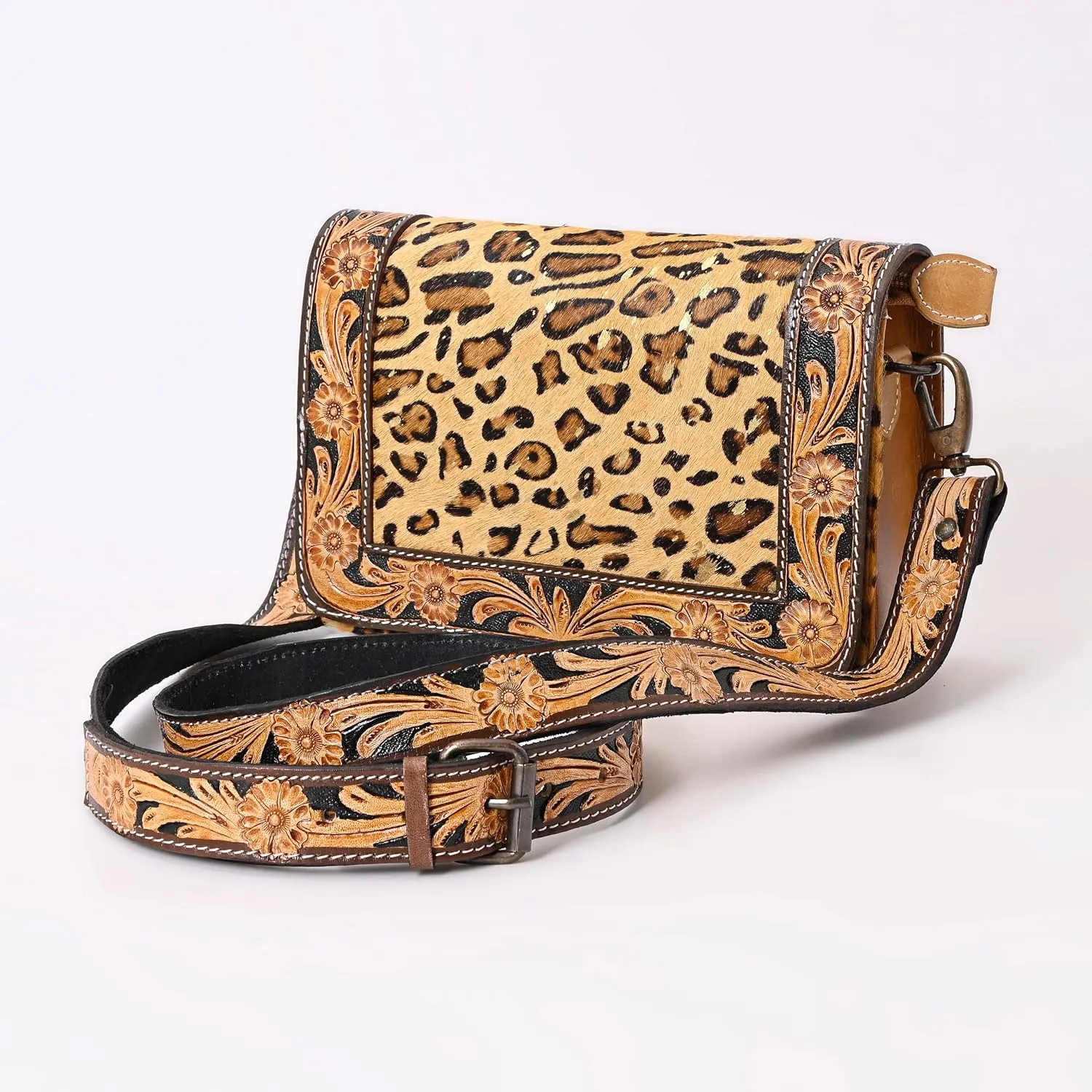 Hantooled Womens Leather Leopard Clutch Shoulder Cross body Fur HandBags Ethnic Customs Leather Purse Classic Bag