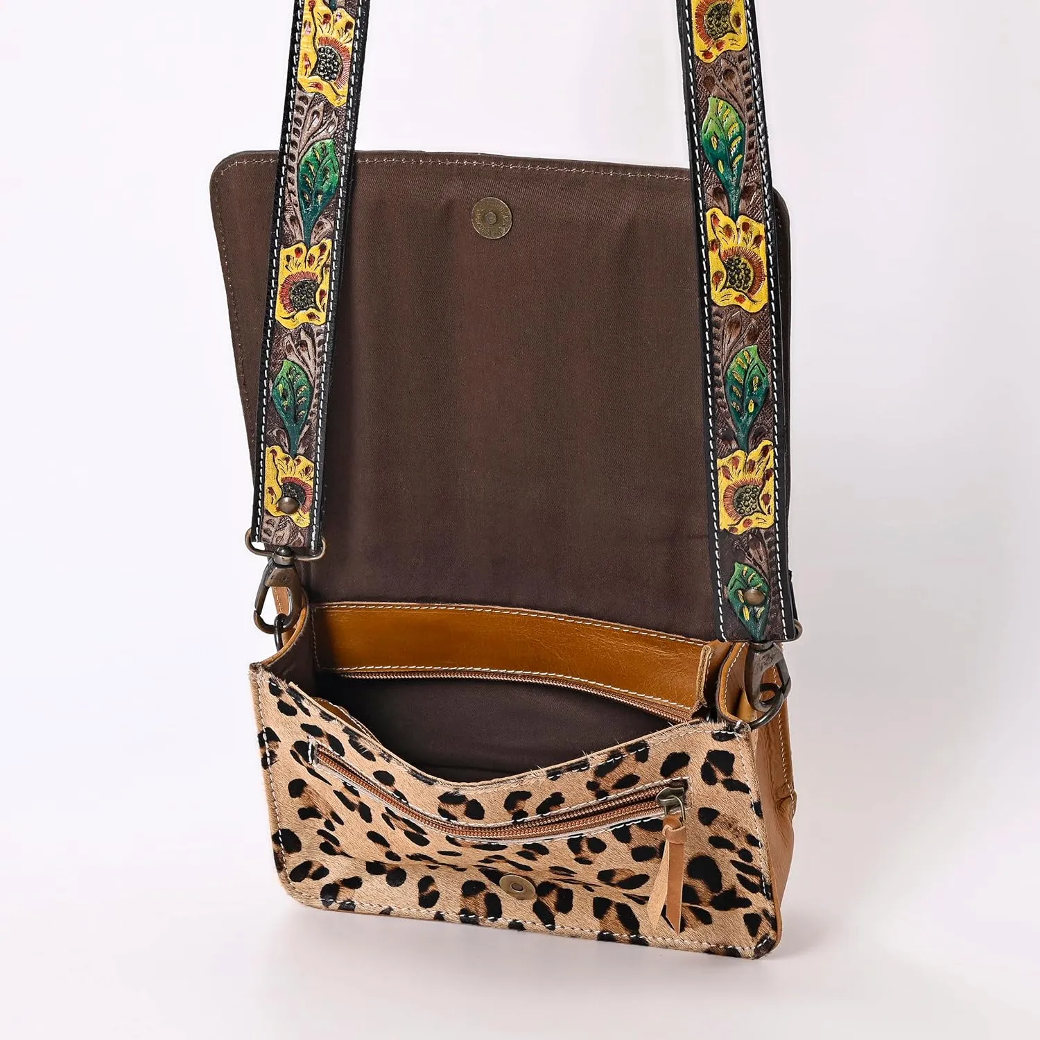 Hantooled Womens Leather Leopard Clutch Shoulder Cross body Fur HandBags Ethnic Customs Leather Purse Classic Bag