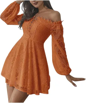 HGps8w Women Off The Shoulder Floral Lace Mini Dress Casual Solid Lantern Long Sleeve A-Line Swing Cocktail Party Dresses