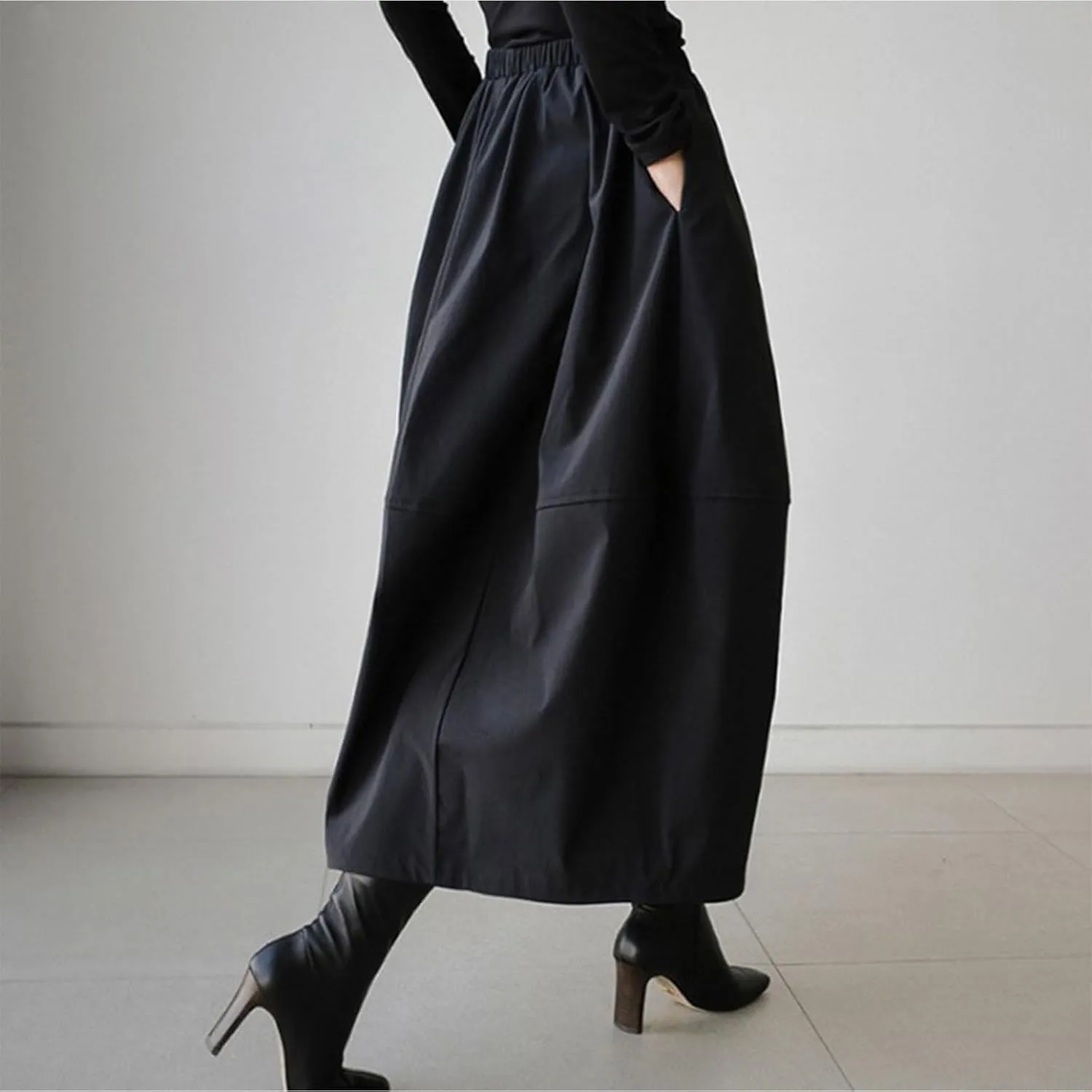 HGps8w Women's High Waist Flared Skirt Pleated Midi Skirt with Pocket
