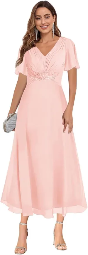 HHSIyz Mother of The Bride Dresses for Women Chiffon Ruffle Sleeve A Line Ankle V Neck Formal Evening Party Gown