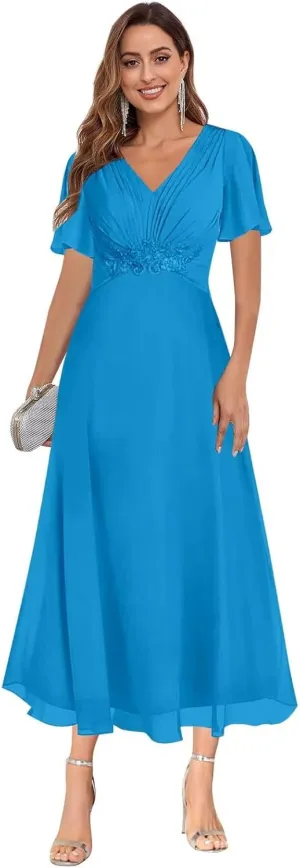 HHSIyz Mother of The Bride Dresses for Women Chiffon Ruffle Sleeve A Line Ankle V Neck Formal Evening Party Gown
