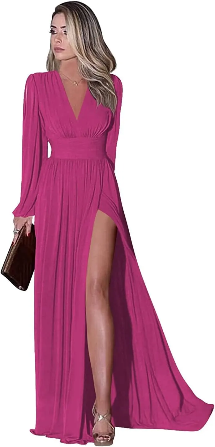 High Split Bridesmaid Dress for Women Fuchsia Evening Dresses with Sleeves Chiffon Formal Party Gown Size 14