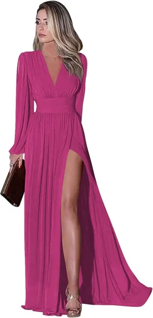 High Split Bridesmaid Dress for Women Fuchsia Evening Dresses with Sleeves Chiffon Formal Party Gown Size 14