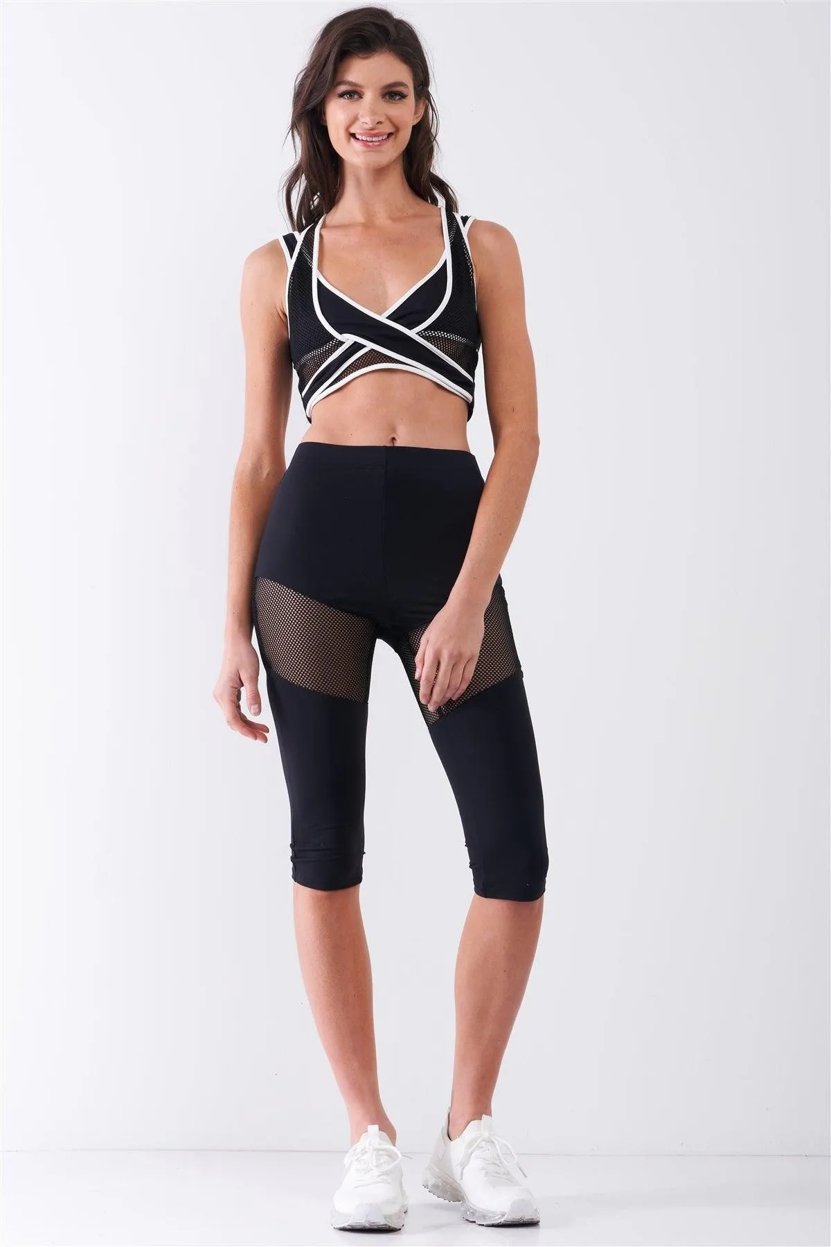 High Waist Sheer Mesh Cut-Ins Midi Legging Pants