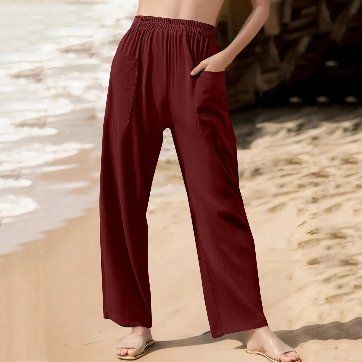High Waisted Linen Pants Women Summer Pants Wide Leg Trouser Lounge Pant Office Palazzo Pant with Pockets (S-2Xl)