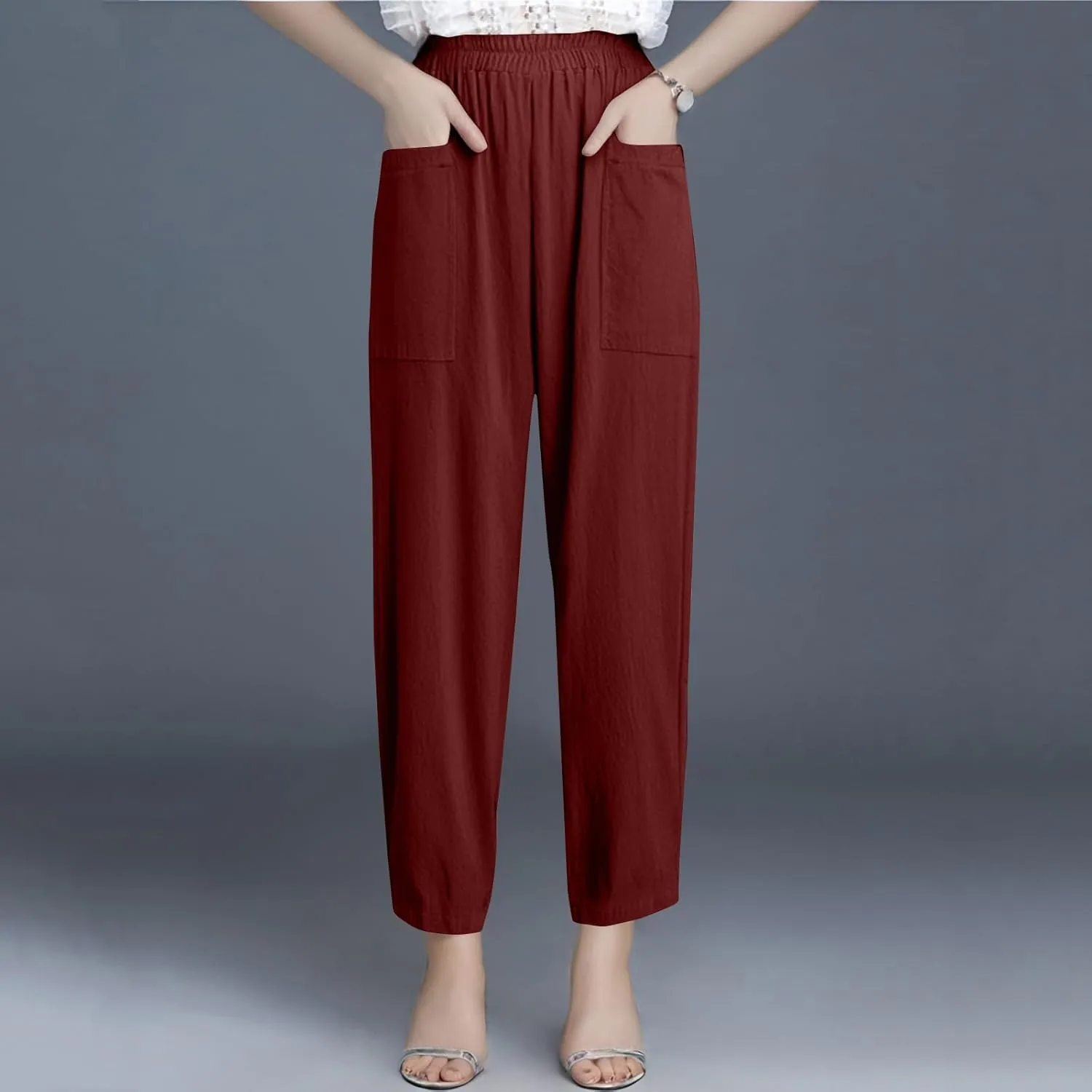 High Waisted Linen Pants Women Summer Pants Wide Leg Trouser Lounge Pant Office Palazzo Pant with Pockets (S-2Xl)