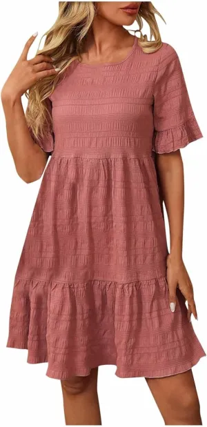 hlysgo Summer Dresses for Women 2025 Ruffle Short Sleeve Boho Dress Casual Beach Sundress Solid Mini Dress