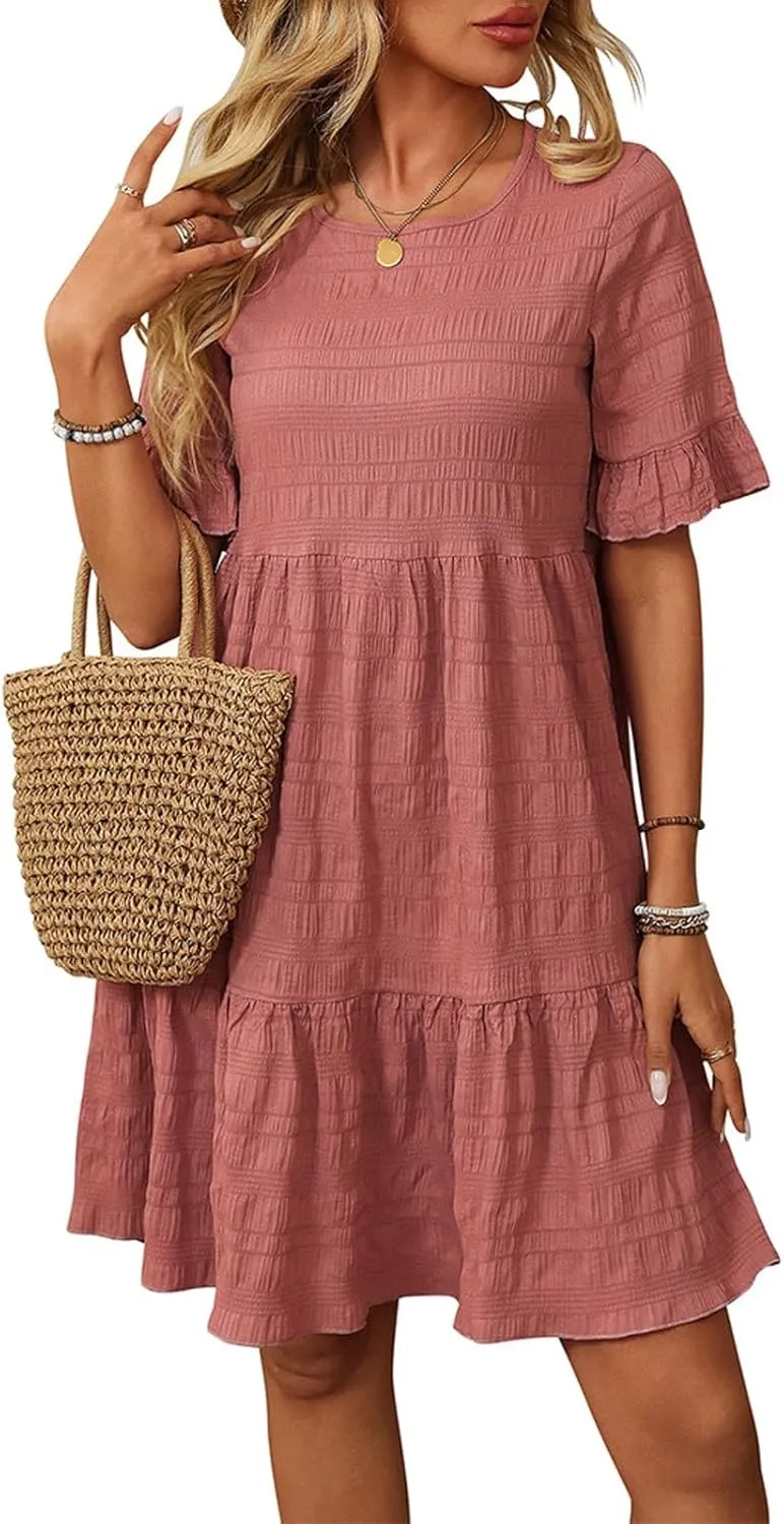 hlysgo Summer Dresses for Women 2025 Ruffle Short Sleeve Boho Dress Casual Beach Sundress Solid Mini Dress