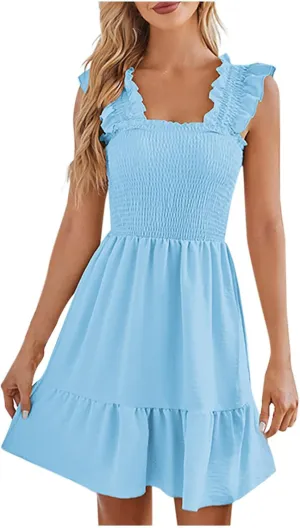 hlysgo Women Summer Sleeveless Mini Dress Boho Smocked Sundresses Cute Ruffle Casual Tank Dress