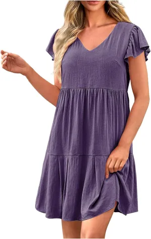 hlysgo Women's 2024 Summer Short Dress V Neck Flutter Sleeve Tiered Ruffle Dresses Casual Loose Cute Mini Dress