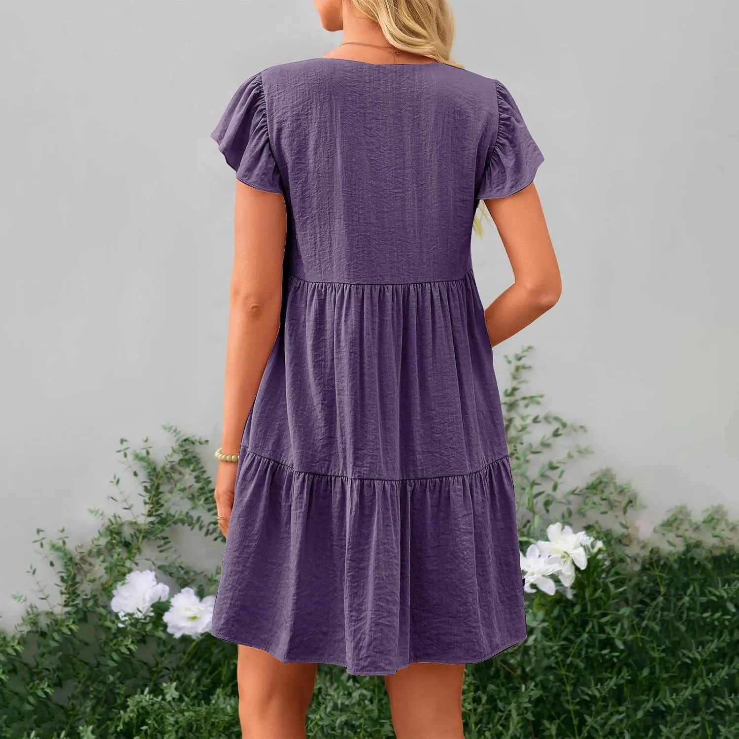 hlysgo Women's 2024 Summer Short Dress V Neck Flutter Sleeve Tiered Ruffle Dresses Casual Loose Cute Mini Dress