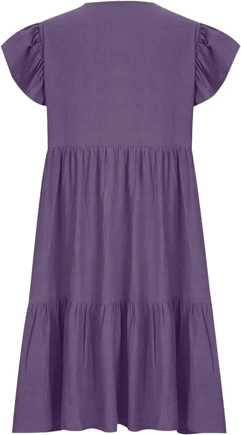 hlysgo Women's 2024 Summer Short Dress V Neck Flutter Sleeve Tiered Ruffle Dresses Casual Loose Cute Mini Dress