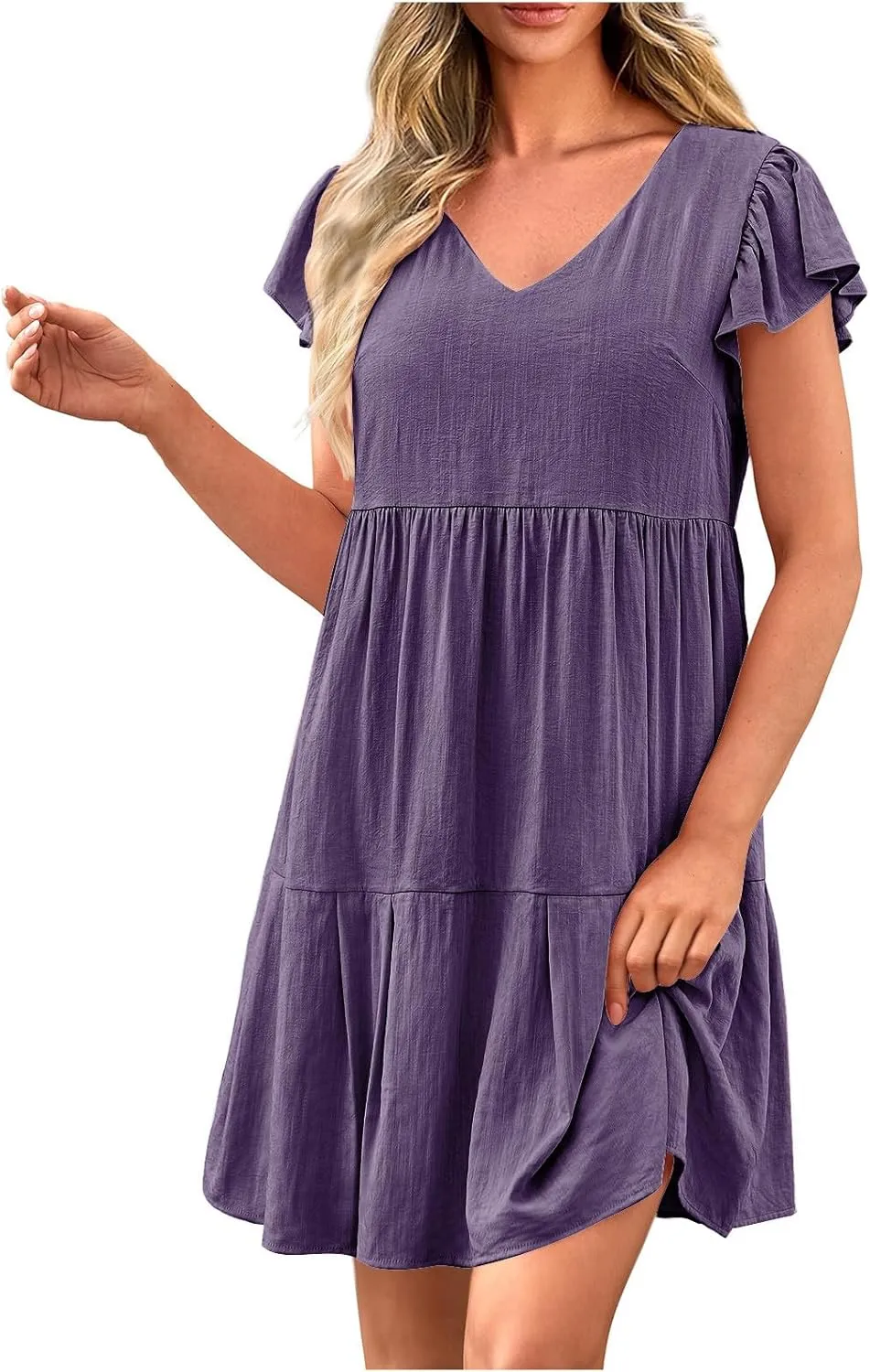 hlysgo Women's 2024 Summer Short Dress V Neck Flutter Sleeve Tiered Ruffle Dresses Casual Loose Cute Mini Dress