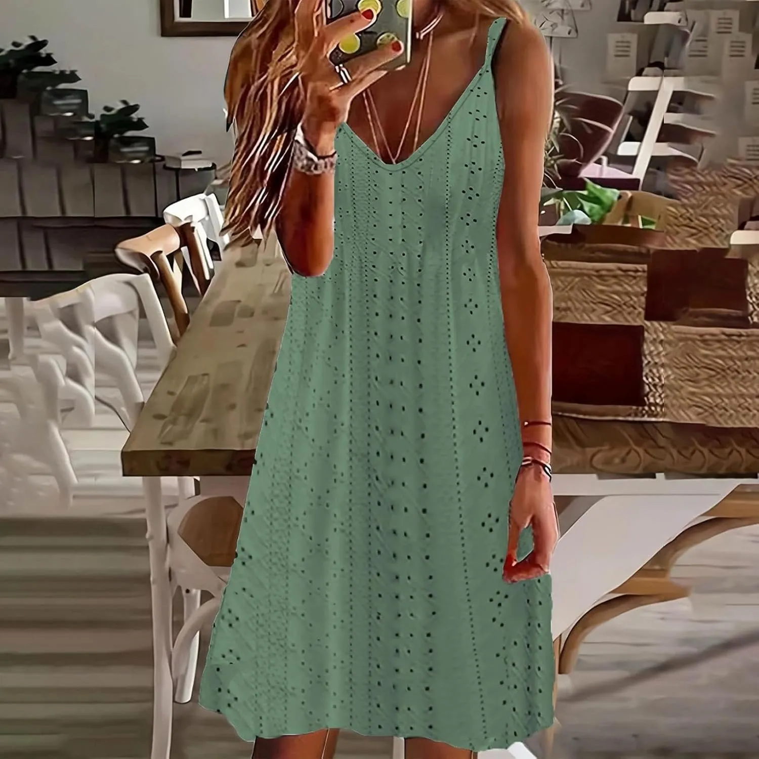 Hollow Out Midi Dresses for Women Summer Spaghetti Straps Sleeveless V-Neck Sundress Casual Loose Flowy Swing Beach Sundress