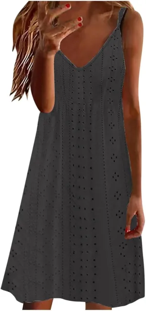 Hollow Out Midi Dresses for Women Summer Spaghetti Straps Sleeveless V-Neck Sundress Casual Loose Flowy Swing Beach Sundress