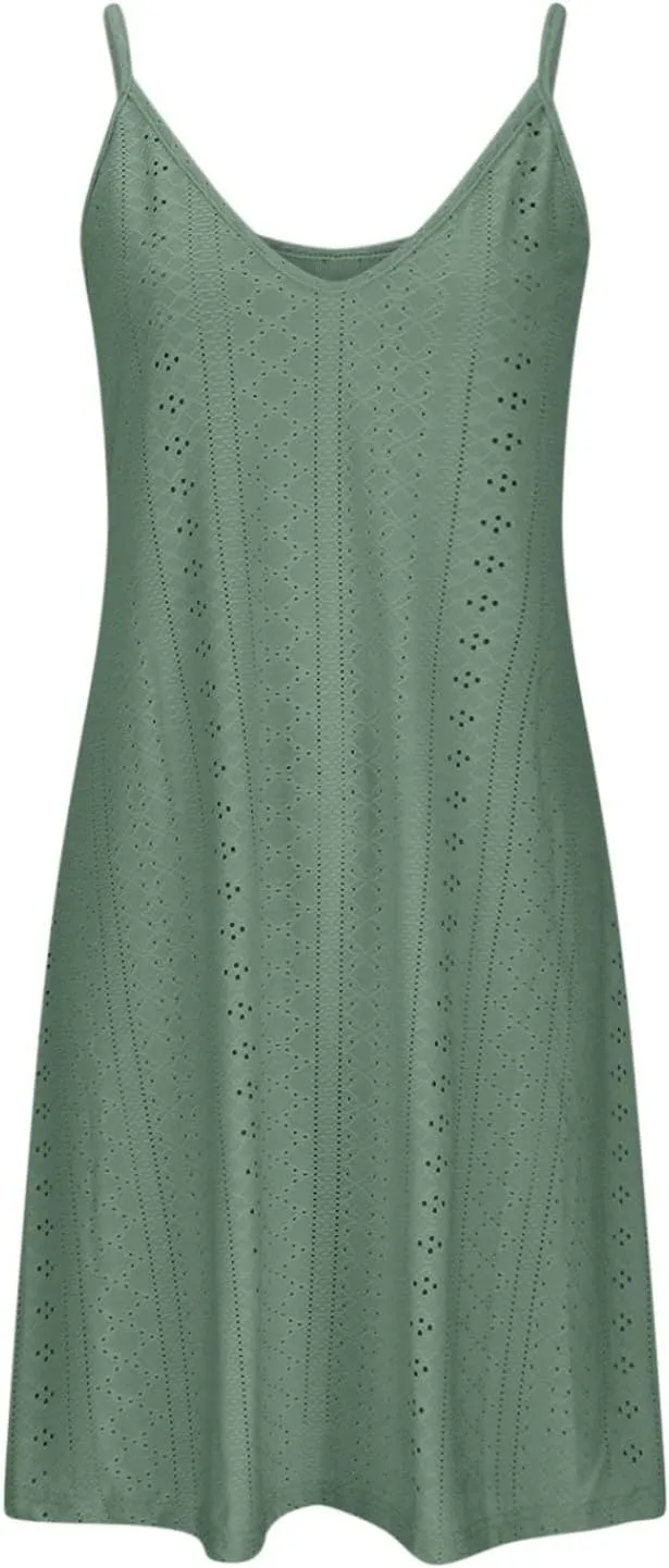 Hollow Out Midi Dresses for Women Summer Spaghetti Straps Sleeveless V-Neck Sundress Casual Loose Flowy Swing Beach Sundress