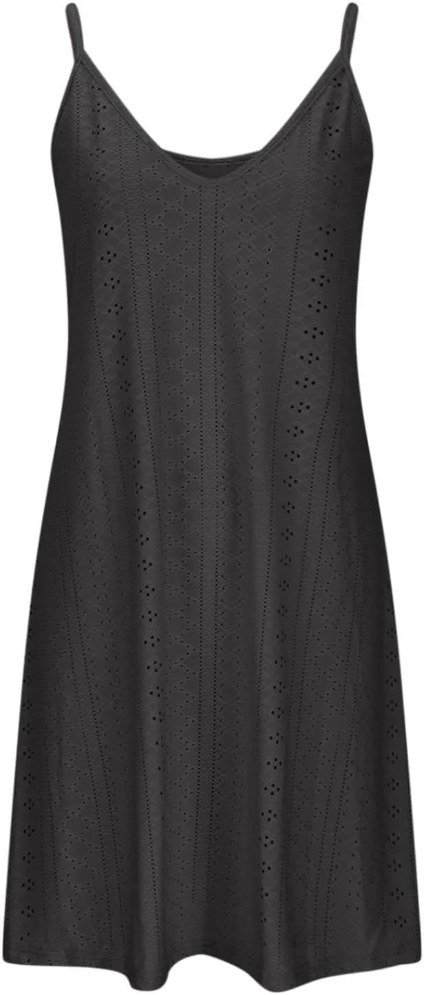 Hollow Out Midi Dresses for Women Summer Spaghetti Straps Sleeveless V-Neck Sundress Casual Loose Flowy Swing Beach Sundress