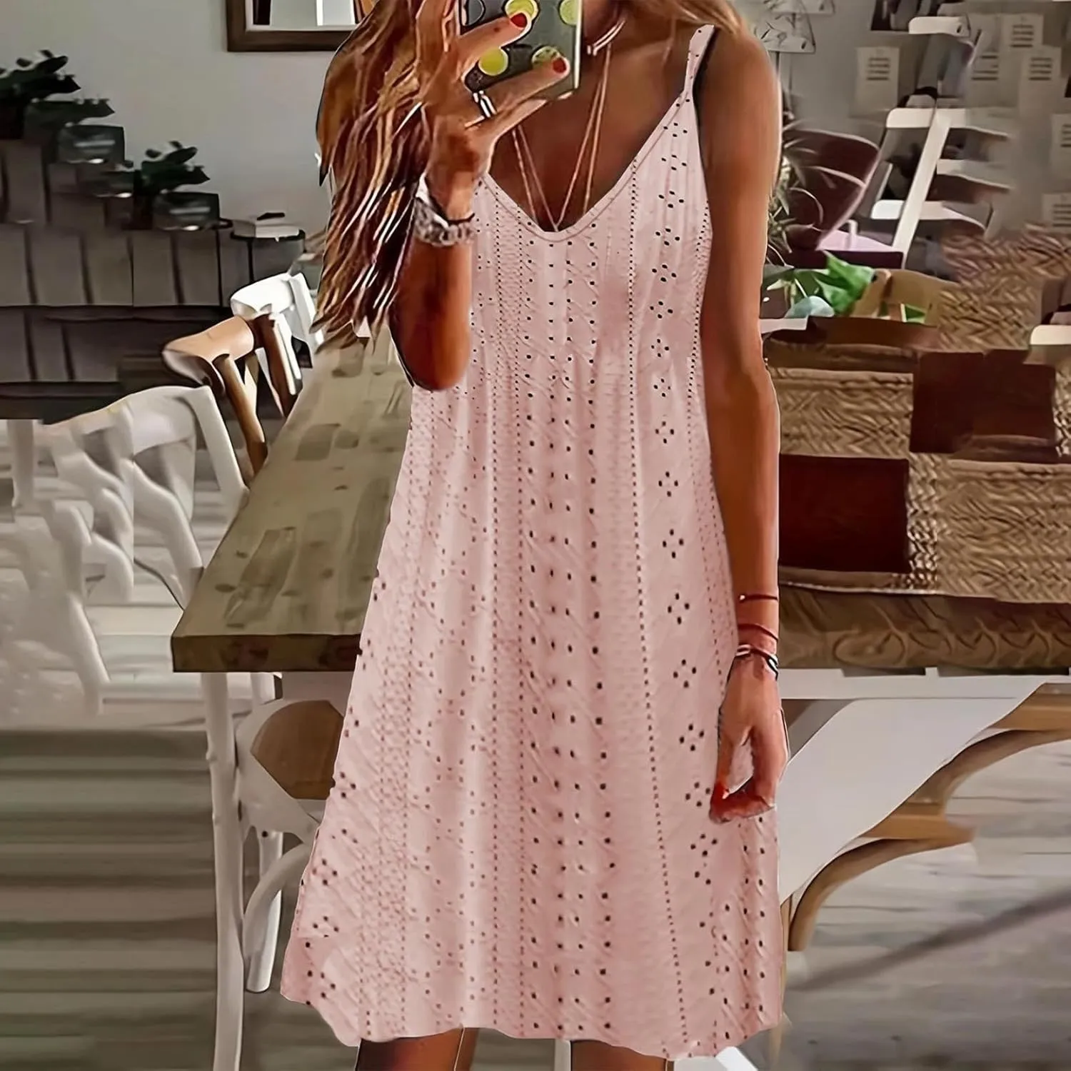 Hollow Out Midi Dresses for Women Summer Spaghetti Straps Sleeveless V-Neck Sundress Casual Loose Flowy Swing Beach Sundress