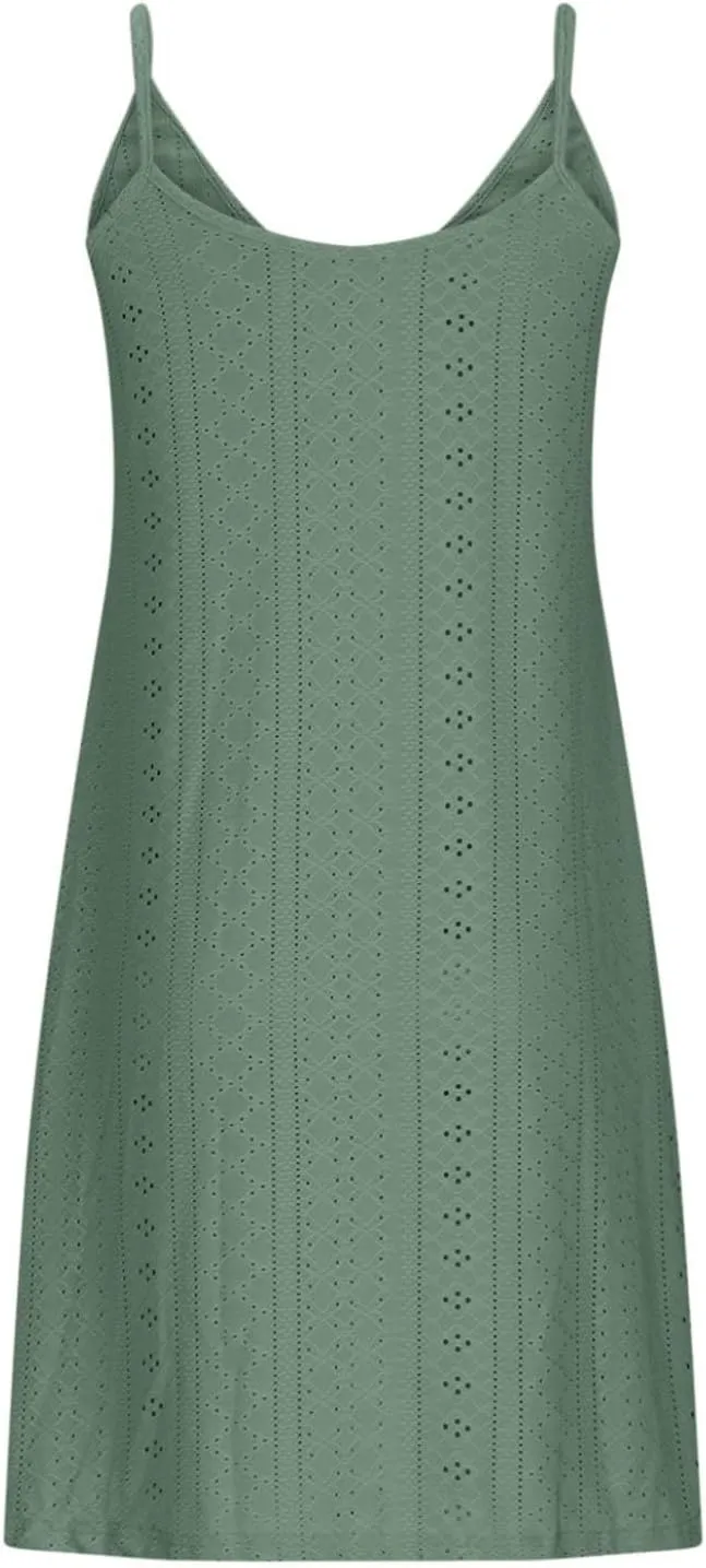Hollow Out Midi Dresses for Women Summer Spaghetti Straps Sleeveless V-Neck Sundress Casual Loose Flowy Swing Beach Sundress