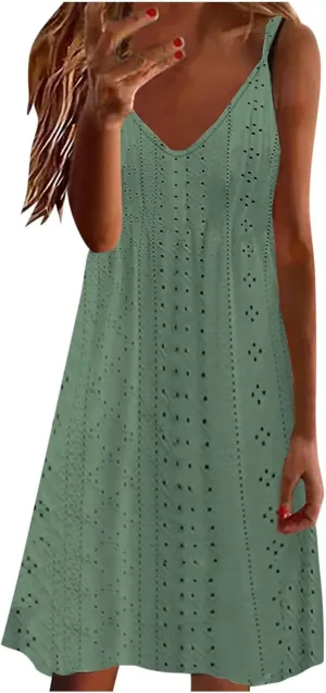 Hollow Out Midi Dresses for Women Summer Spaghetti Straps Sleeveless V-Neck Sundress Casual Loose Flowy Swing Beach Sundress