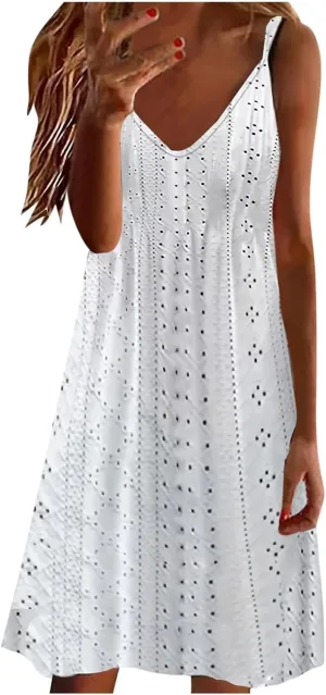 Hollow Out Midi Dresses for Women Summer Spaghetti Straps Sleeveless V-Neck Sundress Casual Loose Flowy Swing Beach Sundress