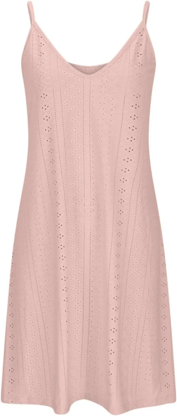 Hollow Out Midi Dresses for Women Summer Spaghetti Straps Sleeveless V-Neck Sundress Casual Loose Flowy Swing Beach Sundress