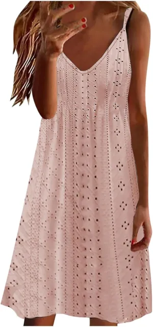 Hollow Out Midi Dresses for Women Summer Spaghetti Straps Sleeveless V-Neck Sundress Casual Loose Flowy Swing Beach Sundress