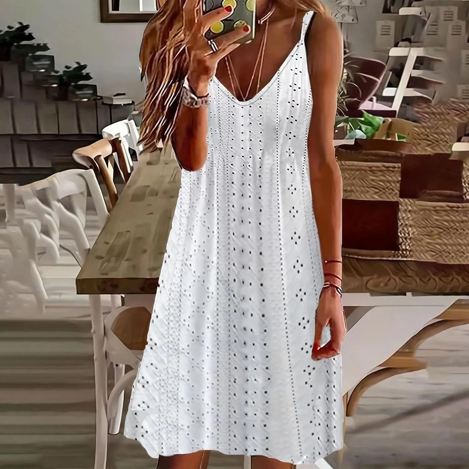 Hollow Out Midi Dresses for Women Summer Spaghetti Straps Sleeveless V-Neck Sundress Casual Loose Flowy Swing Beach Sundress