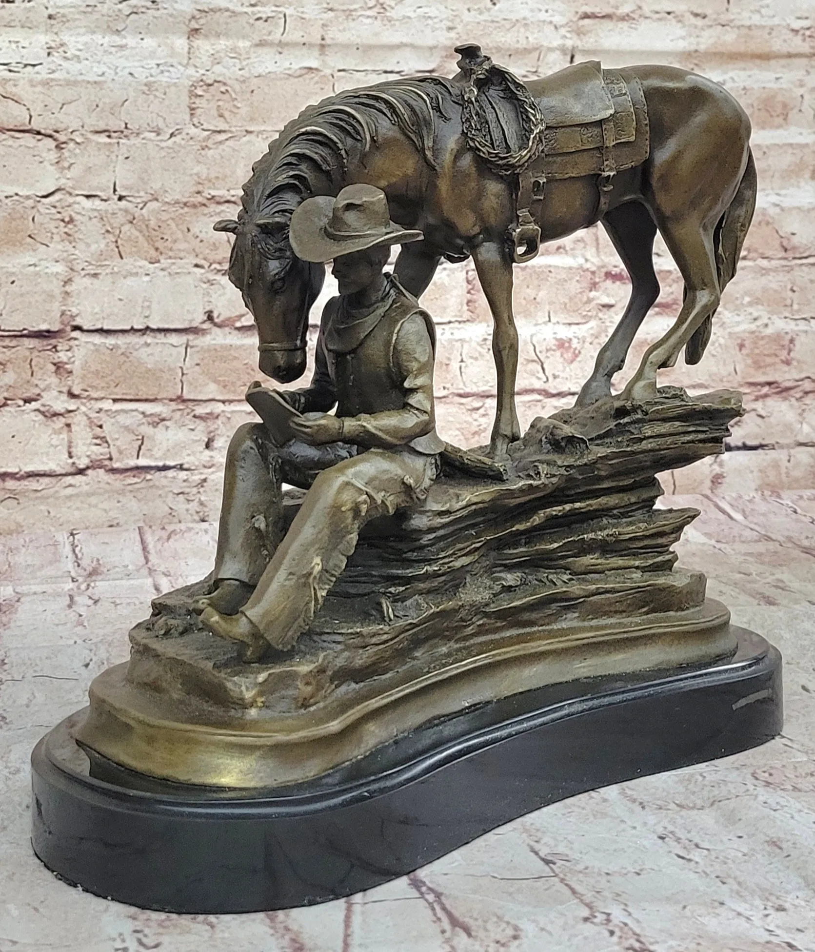 Horse Cowboy Lover Western Saddle Ranch Farm Art Bronze Marble Statue Sculpture