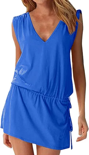 Hount Women's Beach Swimsuit Cover up Deep V-Neck Short Mini Dress Beach Skirt