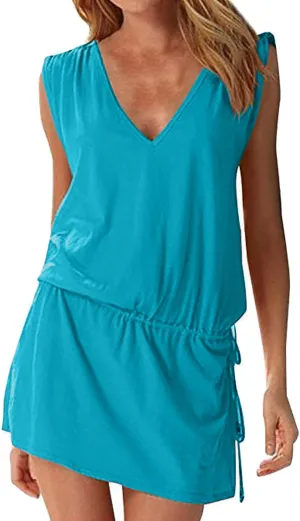 Hount Women's Beach Swimsuit Cover up Deep V-Neck Short Mini Dress Beach Skirt