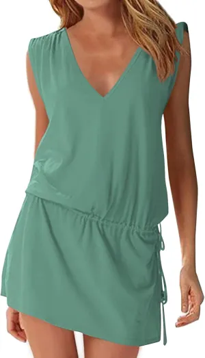 Hount Women's Beach Swimsuit Cover up Deep V-Neck Short Mini Dress Beach Skirt