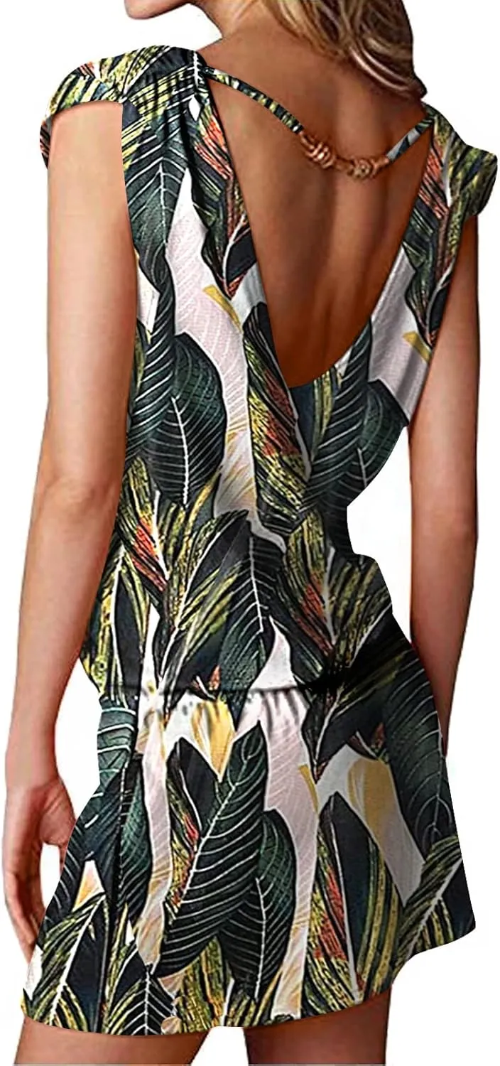 Hount Women's Beach Swimsuit Cover up Deep V-Neck Short Mini Dress Beach Skirt