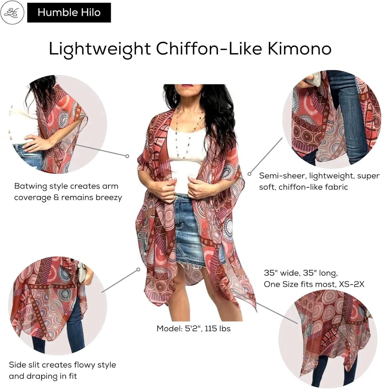 Humble Hilo Womens Kimono Cardigan Sleeveless Lightweight Cover Up Casual & Flowy
