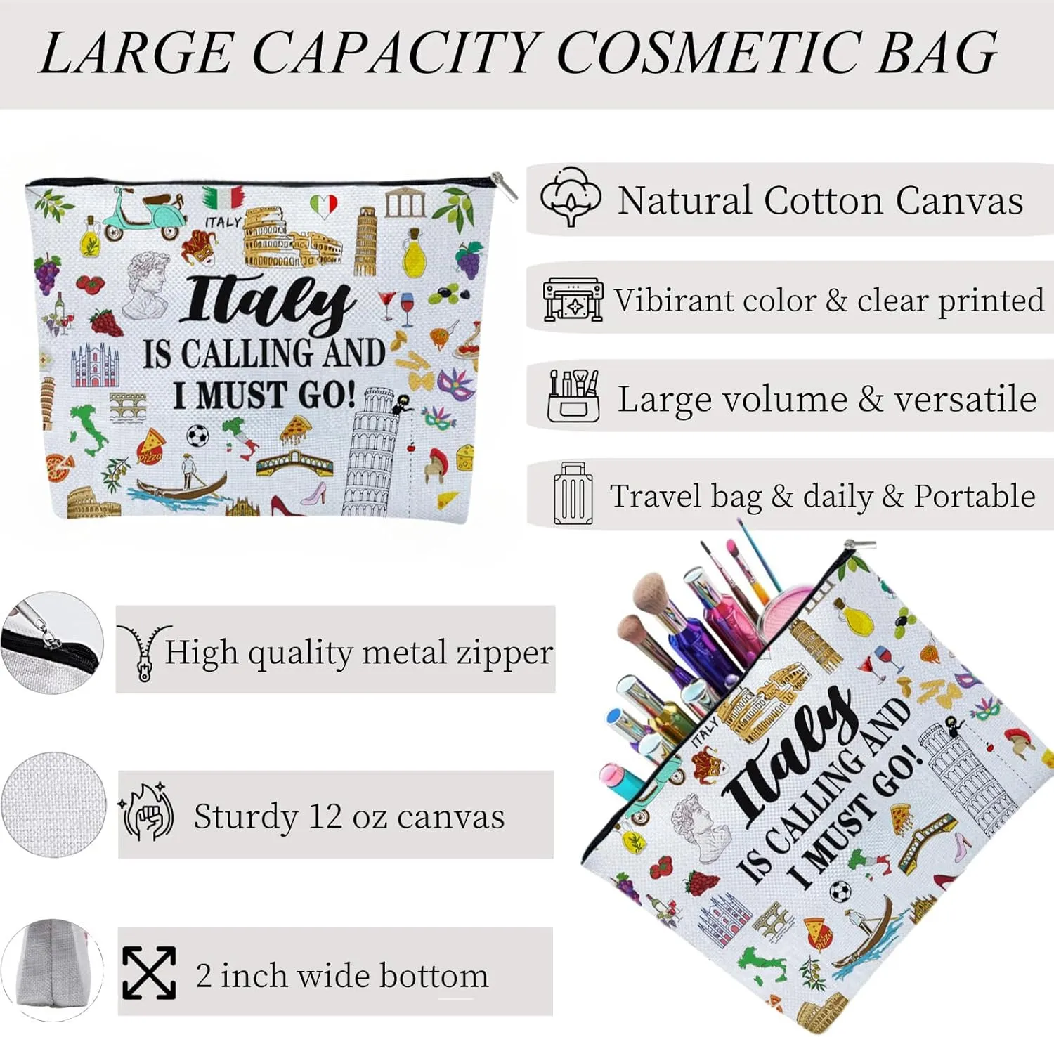 Italy Travel Iconic Souvenir Makeup Bag, Italy Themed Rome Symbols Lovers Cosmetic Bag for Besties Girls Friends Travel Lovers,Toiletry Travel Organizer Bag Zipper Bag for Italy Traveler (Italy)