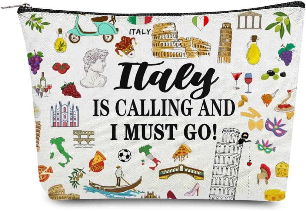 Italy Travel Iconic Souvenir Makeup Bag, Italy Themed Rome Symbols Lovers Cosmetic Bag for Besties Girls Friends Travel Lovers,Toiletry Travel Organizer Bag Zipper Bag for Italy Traveler (Italy)