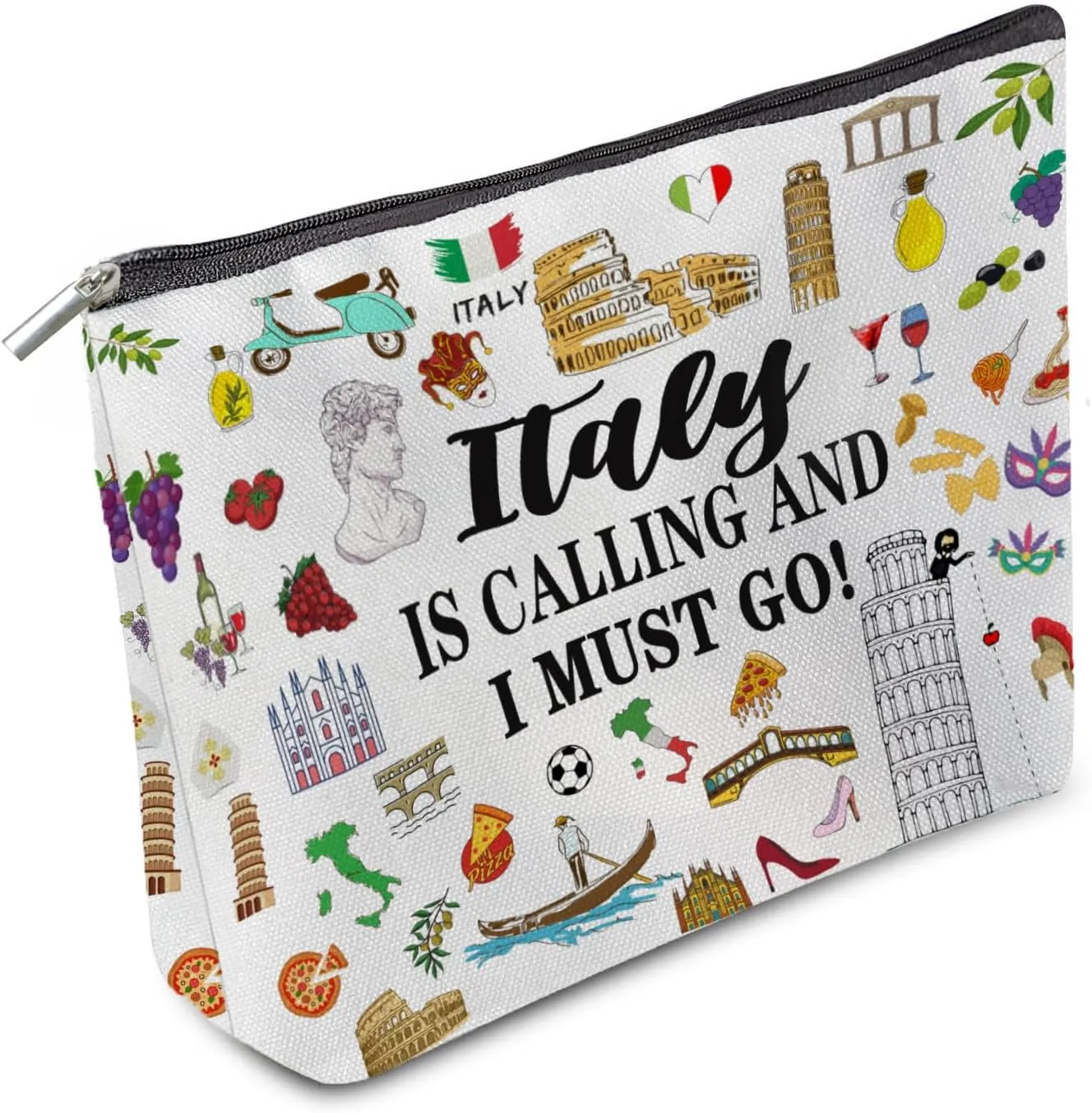 Italy Travel Iconic Souvenir Makeup Bag, Italy Themed Rome Symbols Lovers Cosmetic Bag for Besties Girls Friends Travel Lovers,Toiletry Travel Organizer Bag Zipper Bag for Italy Traveler (Italy)