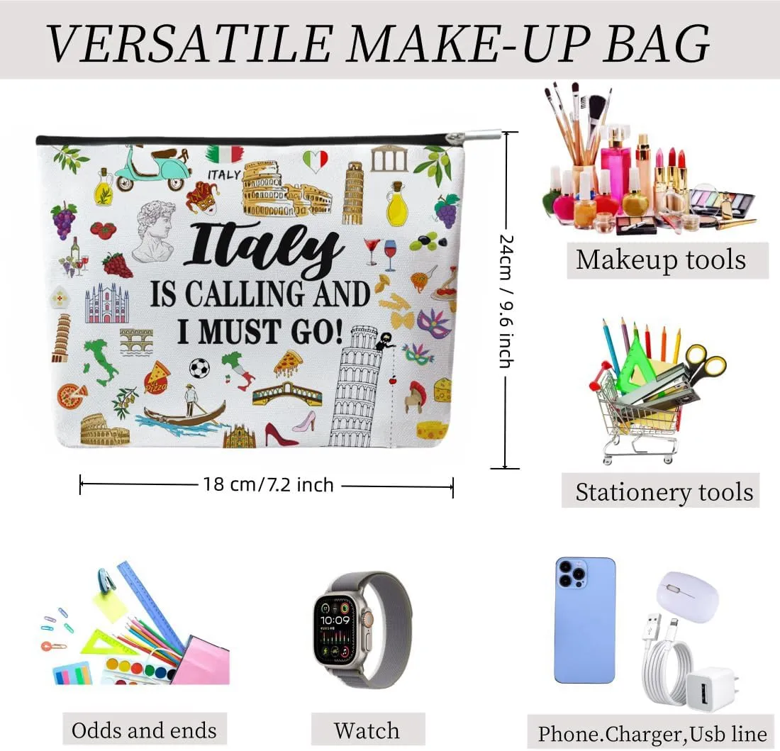Italy Travel Iconic Souvenir Makeup Bag, Italy Themed Rome Symbols Lovers Cosmetic Bag for Besties Girls Friends Travel Lovers,Toiletry Travel Organizer Bag Zipper Bag for Italy Traveler (Italy)