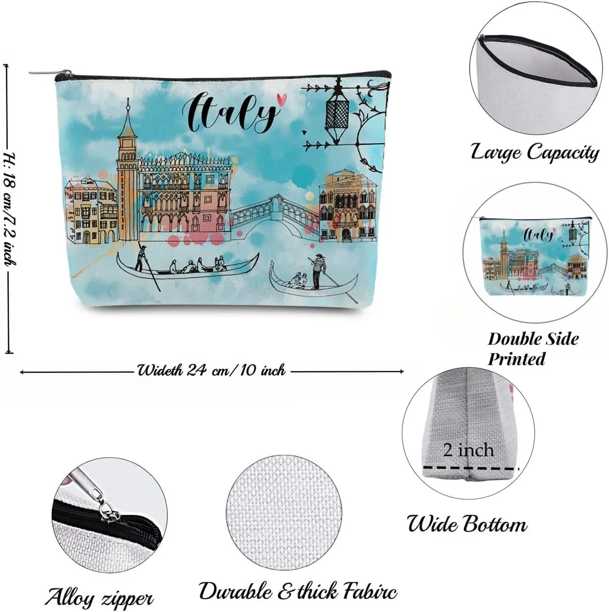 Italy Travel Souvenir Makeup Bag, Aesthetic Watercolor Italy Traveler Cosmetic Bag for Besties Mom Family Friends Travel Lovers,Gift Toiletry Pouch Bag Zipper Bag for Italy Rome Traveler (Italy)