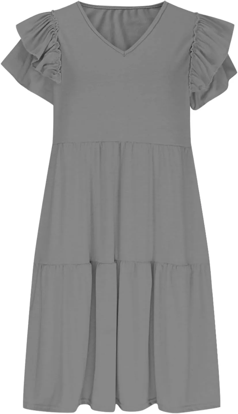 JOAU Women's Flutter Sleeve Summer Dress 2025 Casual V Neck Ruffle Flowy Tiered Knee Length A-Line Beach Vacation Sundress