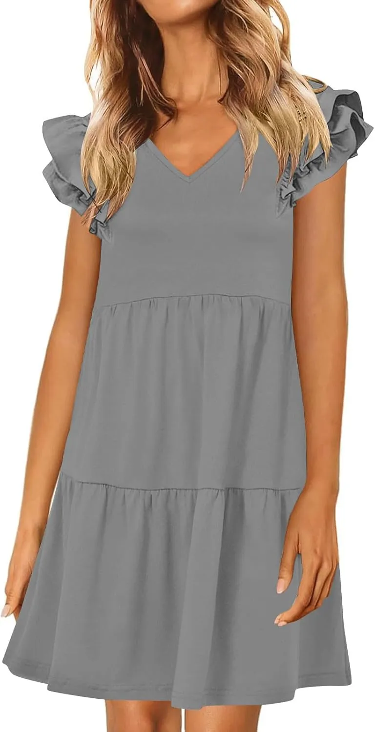 JOAU Women's Flutter Sleeve Summer Dress 2025 Casual V Neck Ruffle Flowy Tiered Knee Length A-Line Beach Vacation Sundress