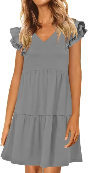 JOAU Women's Flutter Sleeve Summer Dress 2025 Casual V Neck Ruffle Flowy Tiered Knee Length A-Line Beach Vacation Sundress