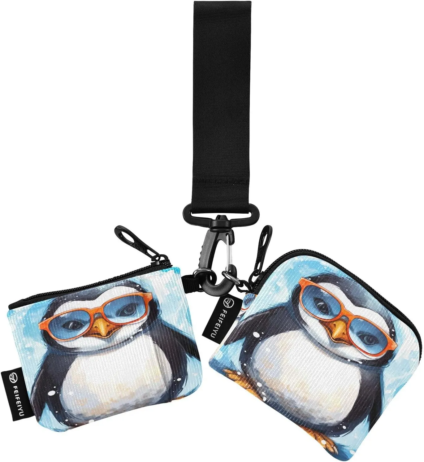 Joko Ivery Cute Penguin with Sunglasses Mini Zip Around Wristlet Wallet for Women Portable Keychain Coin Purse with Detachable Dual Pouch Small Purse for Men Travel Sports Outdoor
