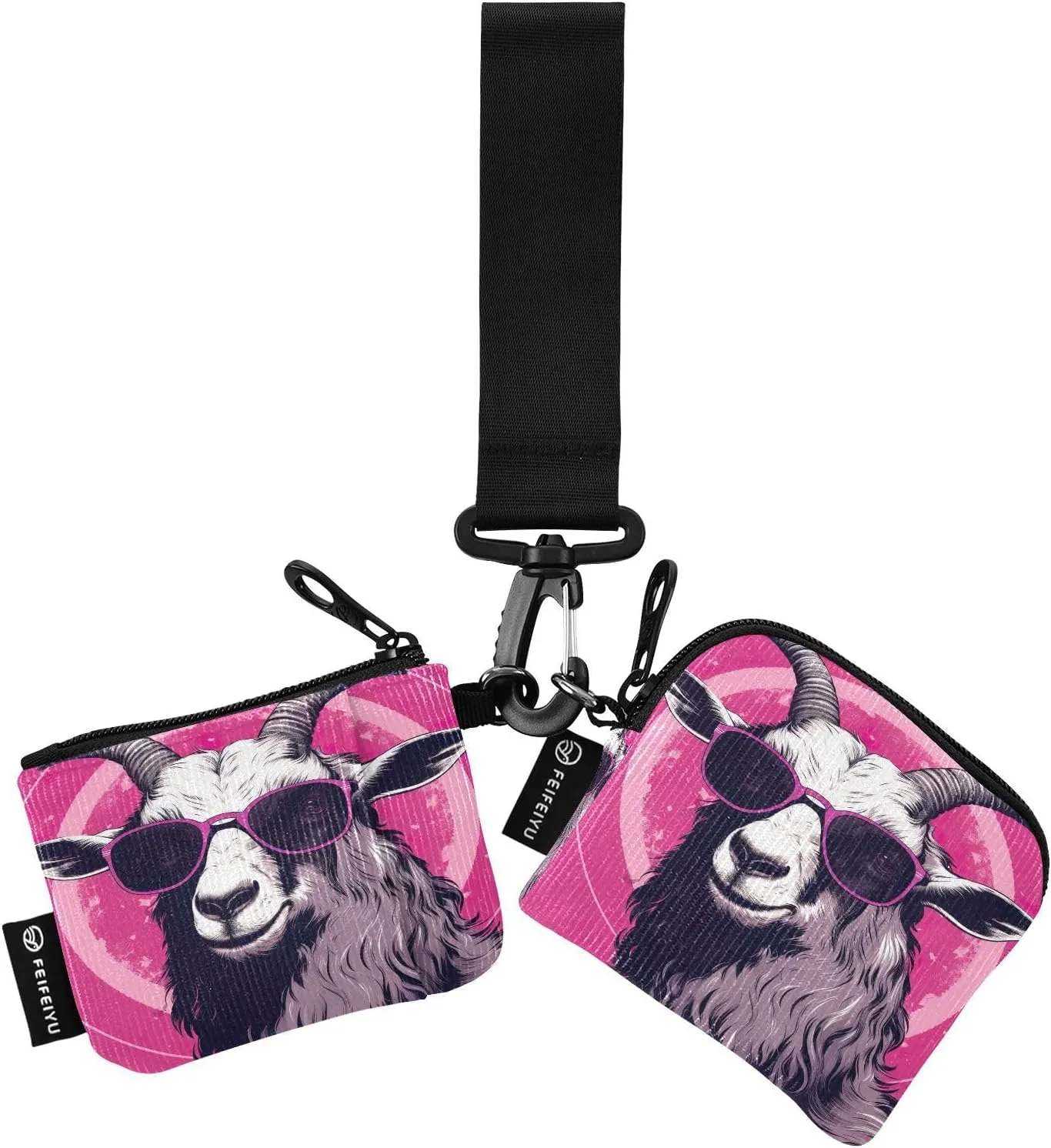 Joko Ivery Pink Sunglasses Sheep Mini Zip Around Wristlet Wallet for Women Portable Keychain Coin Purse with Detachable Dual Pouch Small Purse for Men Outdoor Travel Sports