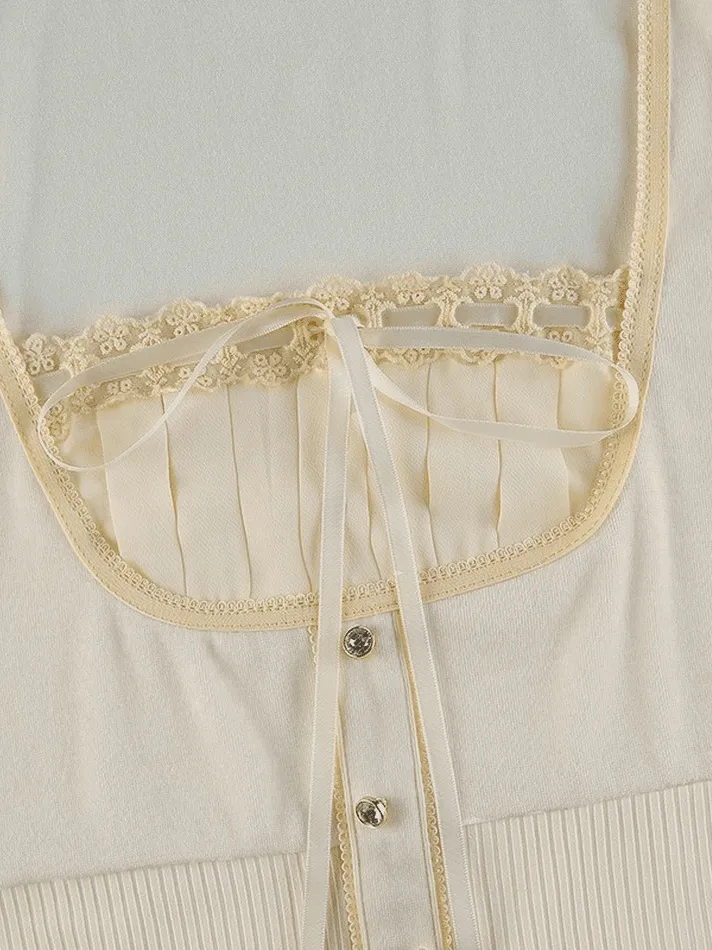 Joskaa Fleece Bow-Neck Ribbed Lace Blouse